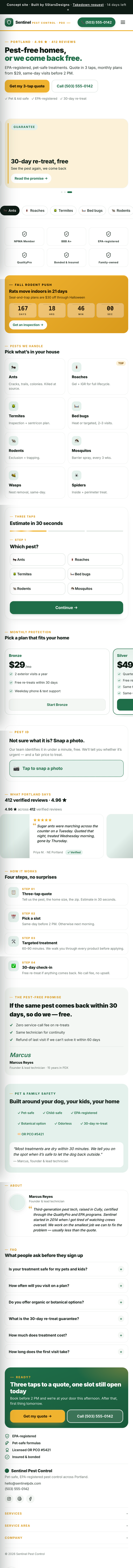Mobile preview of a pest control website we built — Sentinel Pest Control